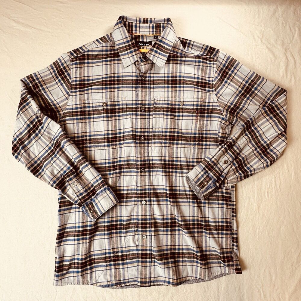 Orvis Active Fit Men’s M Button Up Flannel Shirt Blue Plaid